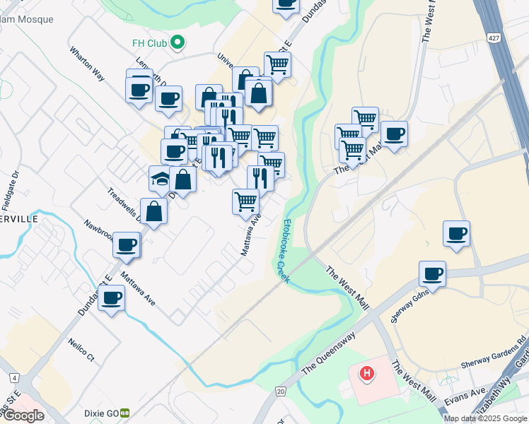 map of restaurants, bars, coffee shops, grocery stores, and more near 1878 Mattawa Avenue in Mississauga
