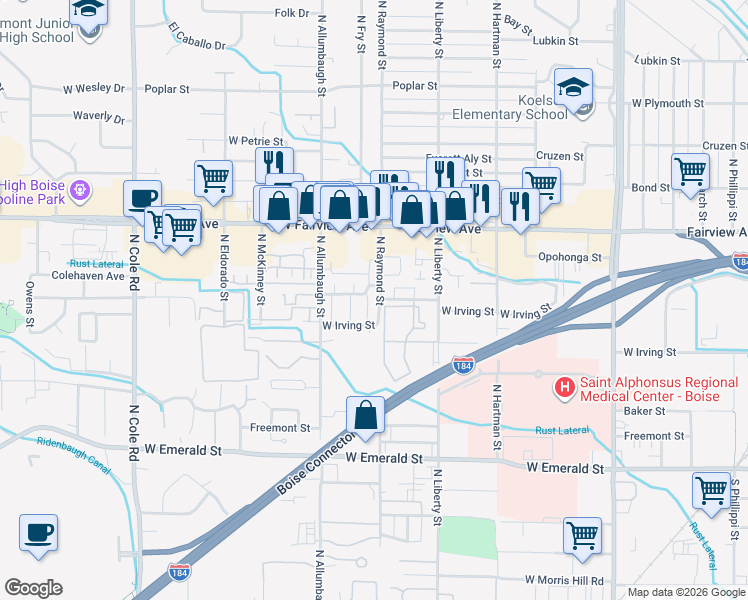 map of restaurants, bars, coffee shops, grocery stores, and more near 1319n West Irving Street in Boise