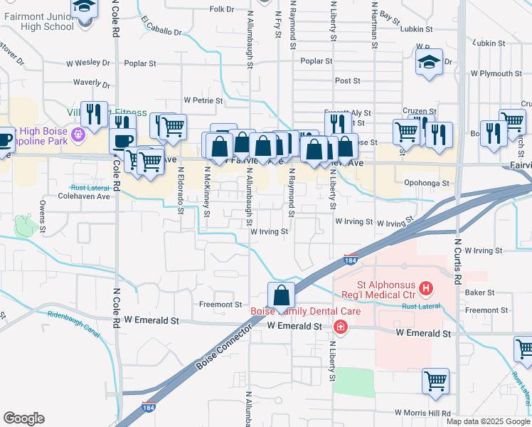 map of restaurants, bars, coffee shops, grocery stores, and more near 6703 West Colehaven Drive in Boise