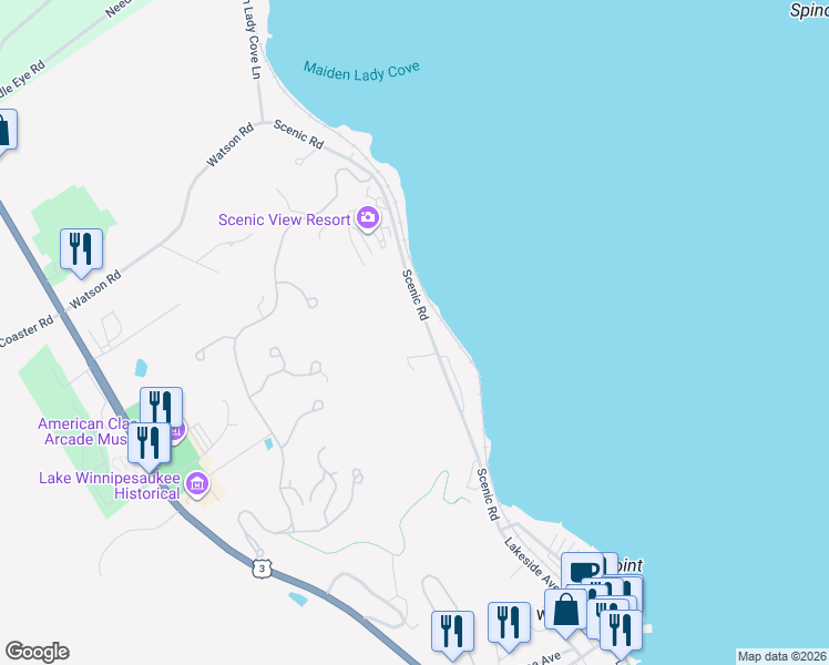 map of restaurants, bars, coffee shops, grocery stores, and more near 616 Scenic Road in Laconia