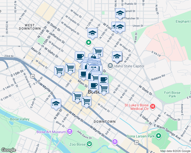 map of restaurants, bars, coffee shops, grocery stores, and more near 298 North 8th Street in Boise