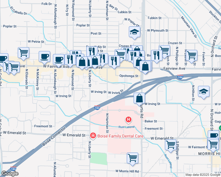 map of restaurants, bars, coffee shops, grocery stores, and more near 1334 North Liberty Street in Boise
