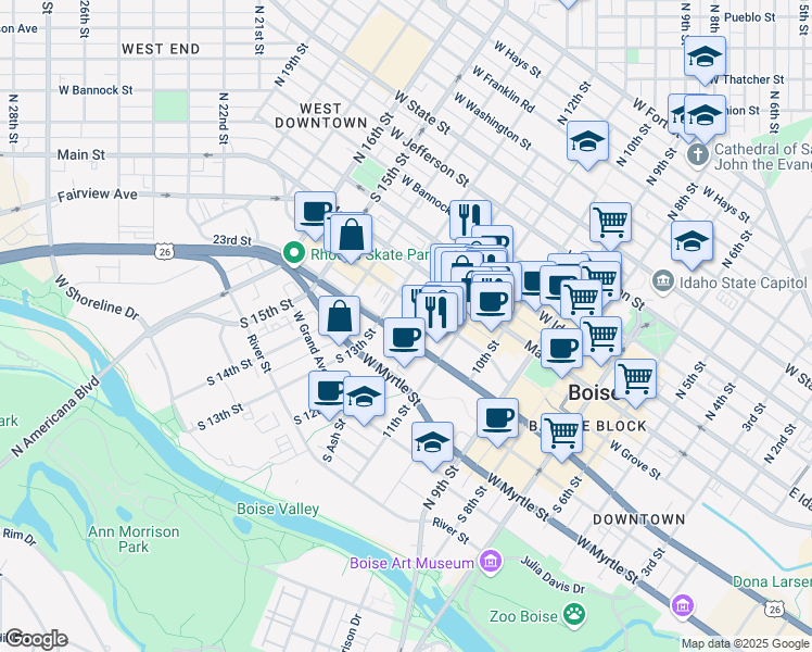 map of restaurants, bars, coffee shops, grocery stores, and more near 1204 U.S. 20 in Boise