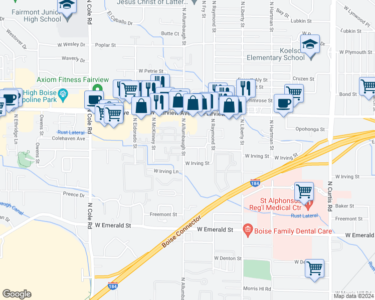 map of restaurants, bars, coffee shops, grocery stores, and more near 6755 West Colehaven Lane in Boise