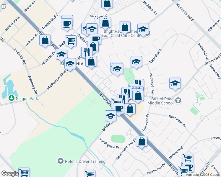 map of restaurants, bars, coffee shops, grocery stores, and more near 85 Bristol Road East in Mississauga