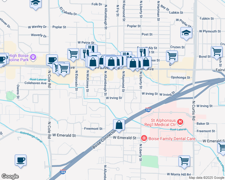 map of restaurants, bars, coffee shops, grocery stores, and more near 6703 West Colehaven Drive in Boise