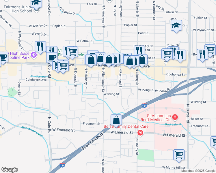 map of restaurants, bars, coffee shops, grocery stores, and more near 6703 West Colehaven Drive in Boise
