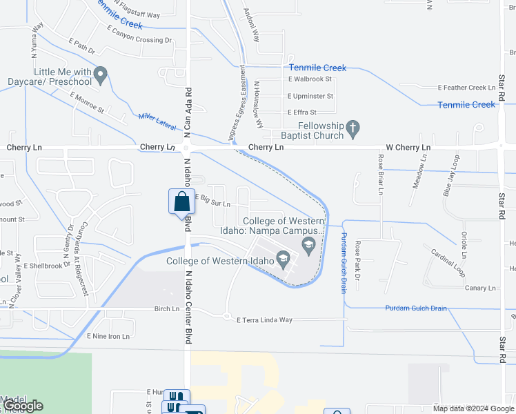 map of restaurants, bars, coffee shops, grocery stores, and more near 16852 North Idaho Center Boulevard in Nampa