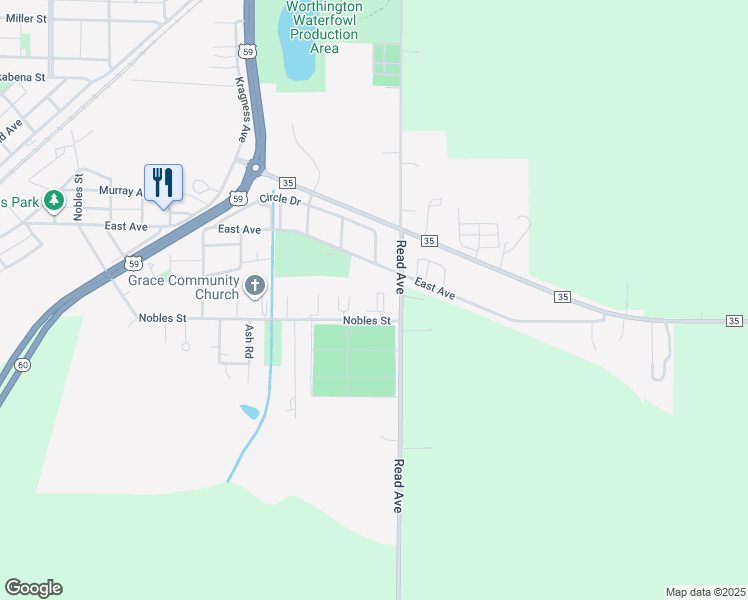 map of restaurants, bars, coffee shops, grocery stores, and more near 2257 Nobles Street in Worthington