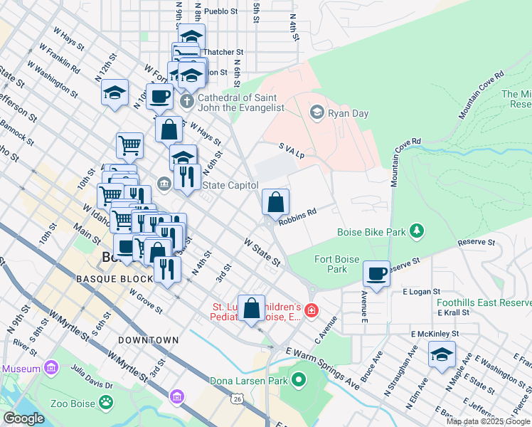 map of restaurants, bars, coffee shops, grocery stores, and more near North 3rd Street in Boise