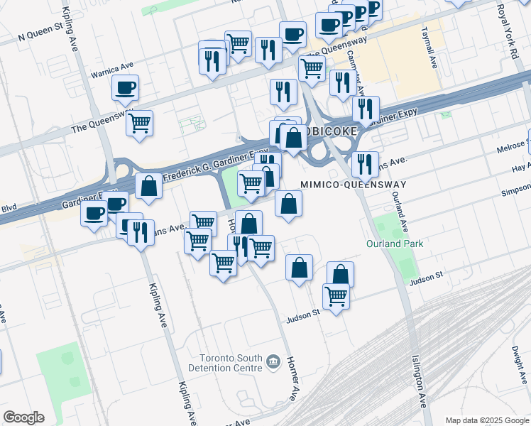 map of restaurants, bars, coffee shops, grocery stores, and more near 223 Evans Avenue in Toronto