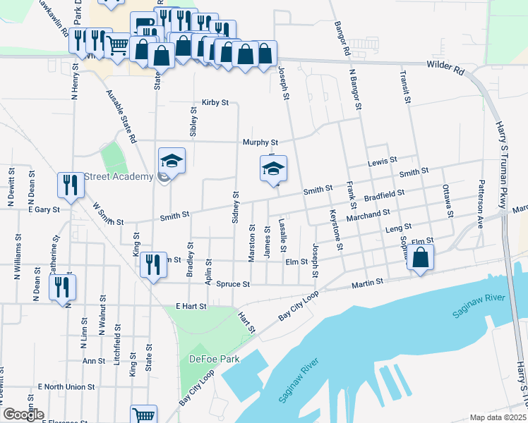 map of restaurants, bars, coffee shops, grocery stores, and more near 504 James Street in Bay City