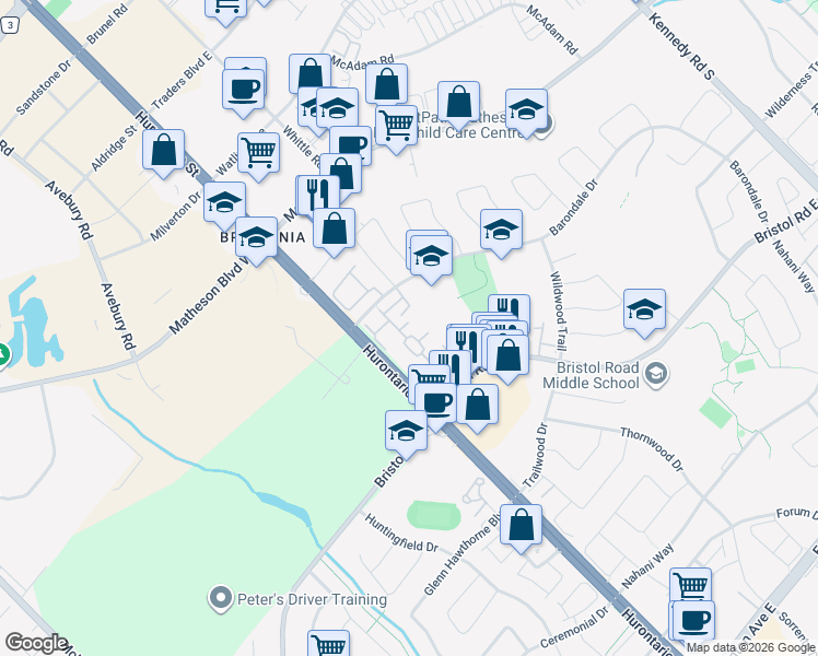 map of restaurants, bars, coffee shops, grocery stores, and more near in Mississauga
