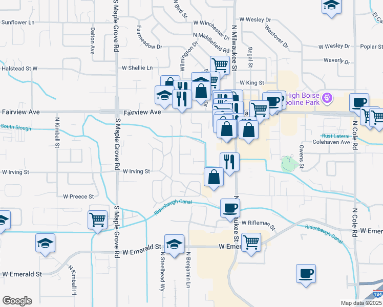 map of restaurants, bars, coffee shops, grocery stores, and more near 8519 West Fairview Avenue in Boise