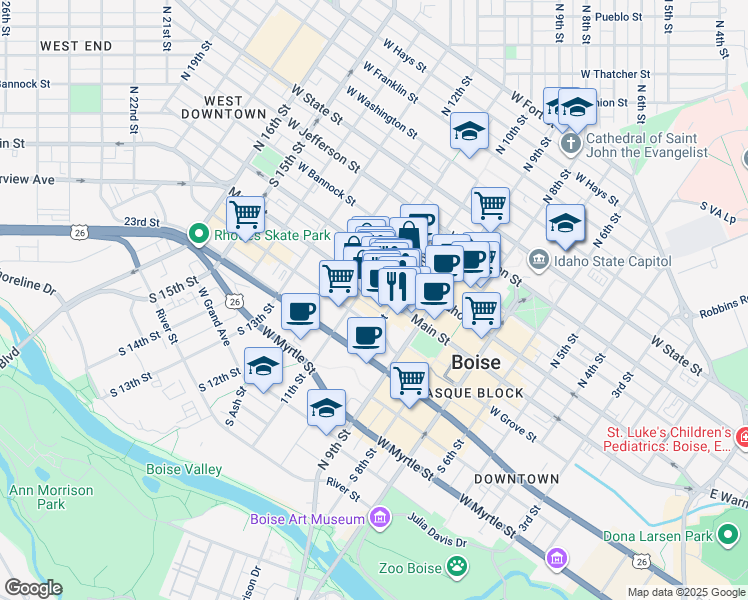 map of restaurants, bars, coffee shops, grocery stores, and more near in Boise