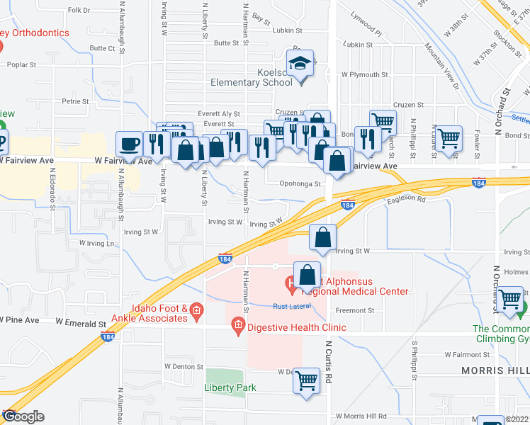 map of restaurants, bars, coffee shops, grocery stores, and more near 1368 North Hartman Street in Boise