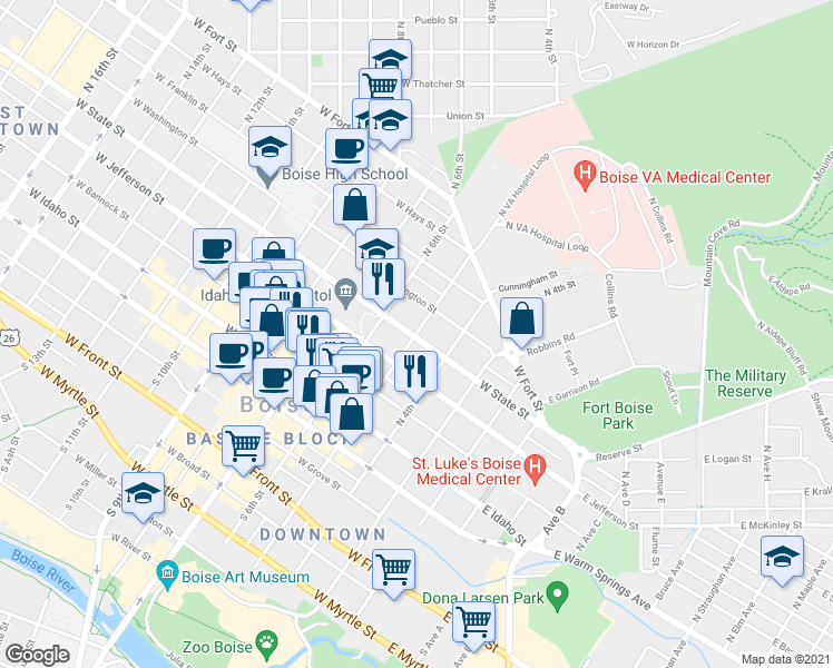 map of restaurants, bars, coffee shops, grocery stores, and more near 508 North 5th Street in Boise