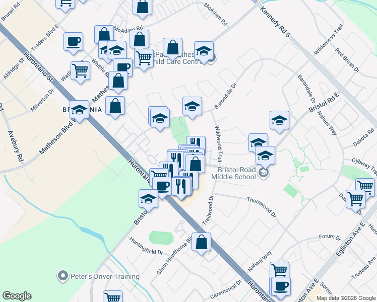 map of restaurants, bars, coffee shops, grocery stores, and more near 109 Bristol Road East in Mississauga