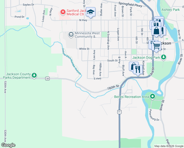 map of restaurants, bars, coffee shops, grocery stores, and more near 145 Ray Avenue in Jackson