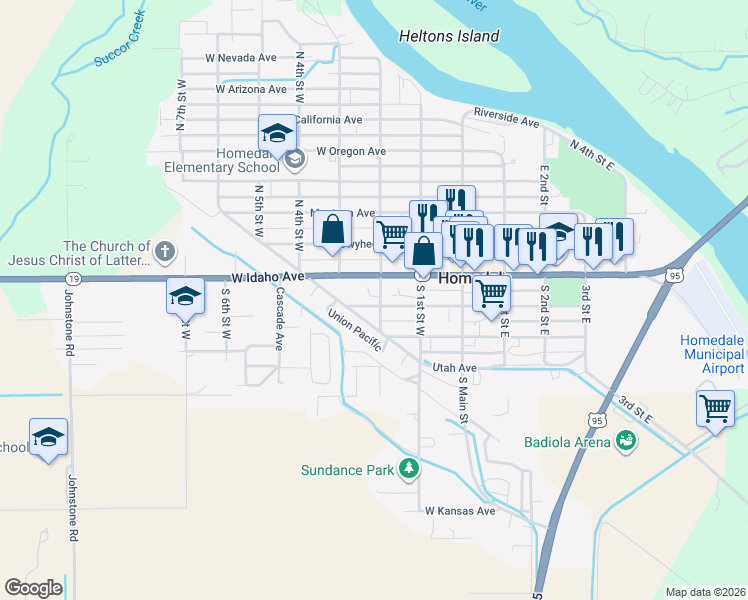 map of restaurants, bars, coffee shops, grocery stores, and more near 200-258 W Wyoming Ave in Homedale