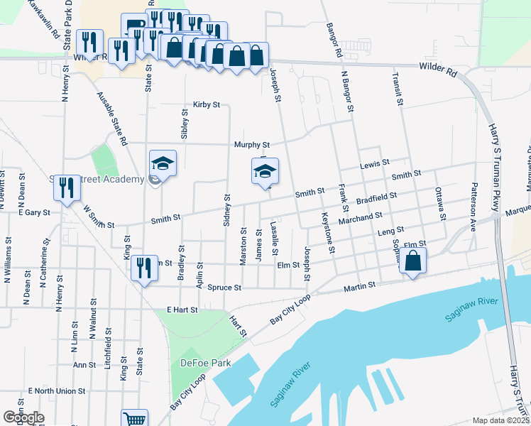 map of restaurants, bars, coffee shops, grocery stores, and more near 504 James Street in Bay City