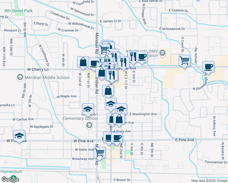 map of restaurants, bars, coffee shops, grocery stores, and more near 1412 North Main Street in Meridian