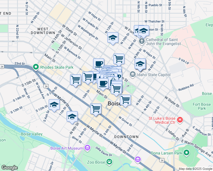 map of restaurants, bars, coffee shops, grocery stores, and more near 828 West Idaho Street in Boise