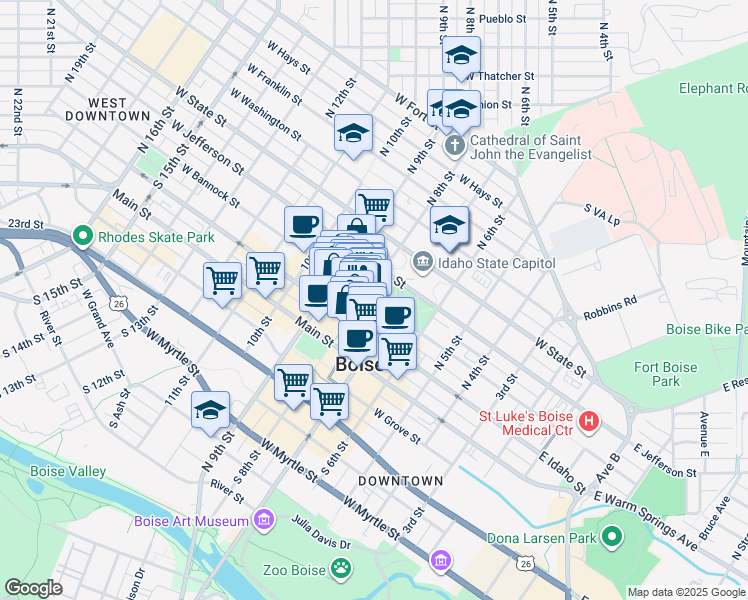 map of restaurants, bars, coffee shops, grocery stores, and more near 298 North 8th Street in Boise