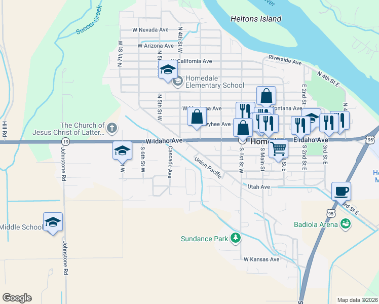 map of restaurants, bars, coffee shops, grocery stores, and more near Railroad Ave in Homedale