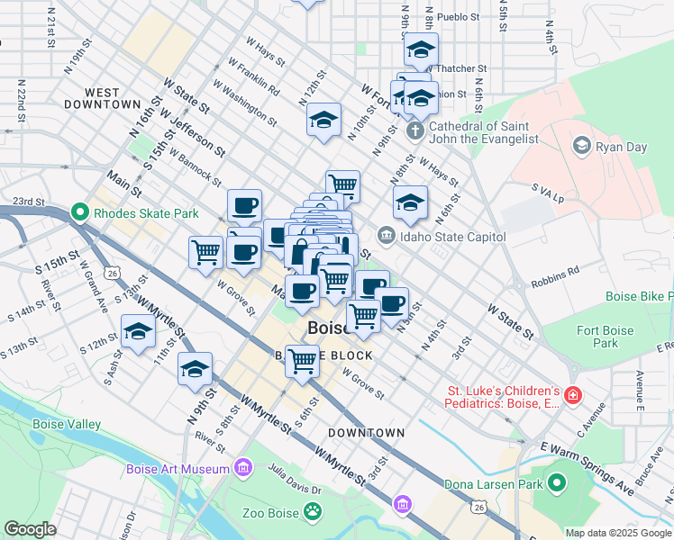 map of restaurants, bars, coffee shops, grocery stores, and more near 298 North 8th Street in Boise