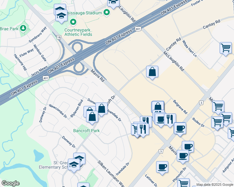 map of restaurants, bars, coffee shops, grocery stores, and more near Mavis Rd & Bancroft Dr in Mississauga