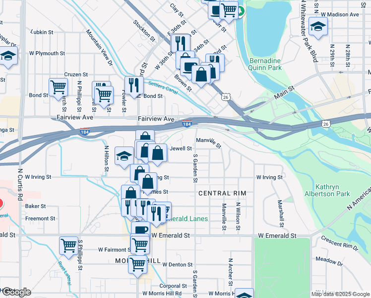map of restaurants, bars, coffee shops, grocery stores, and more near 4613 West Kendall Street in Boise