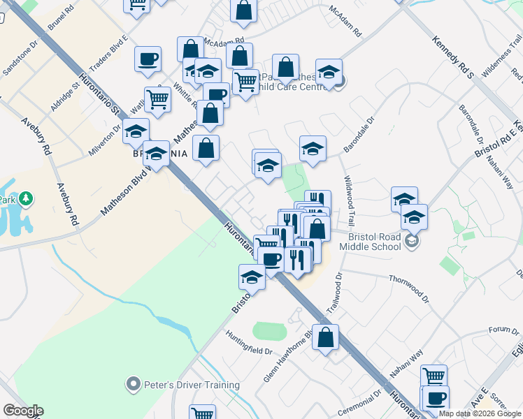 map of restaurants, bars, coffee shops, grocery stores, and more near 85 Bristol Road East in Mississauga