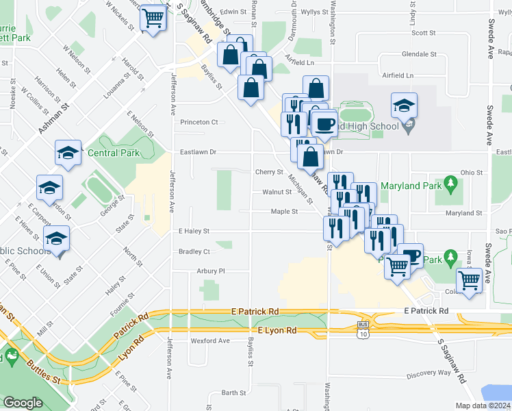 map of restaurants, bars, coffee shops, grocery stores, and more near 2102 Bayliss Street in Midland