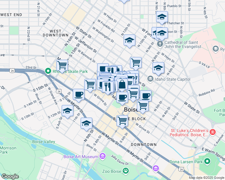 map of restaurants, bars, coffee shops, grocery stores, and more near 961 West Idaho Street in Boise