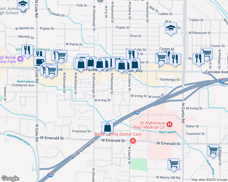 map of restaurants, bars, coffee shops, grocery stores, and more near 1319n West Irving Street in Boise