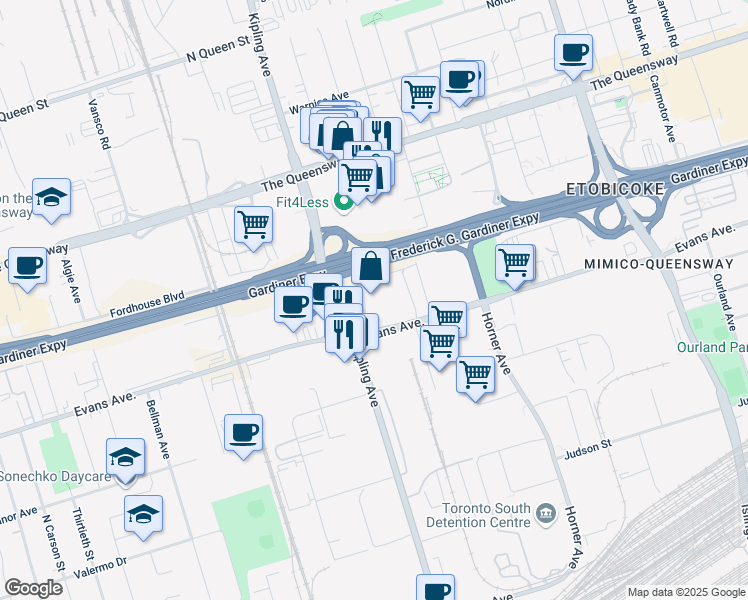 map of restaurants, bars, coffee shops, grocery stores, and more near 360 Evans Avenue in Toronto