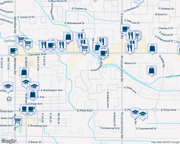 map of restaurants, bars, coffee shops, grocery stores, and more near 1456 North Sandlin Avenue in Meridian