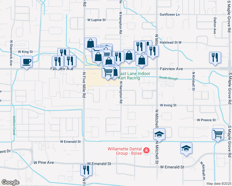 map of restaurants, bars, coffee shops, grocery stores, and more near 1334 North Gawaine Place in Boise