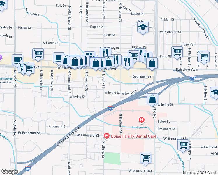 map of restaurants, bars, coffee shops, grocery stores, and more near 1318 North Liberty Street in Boise