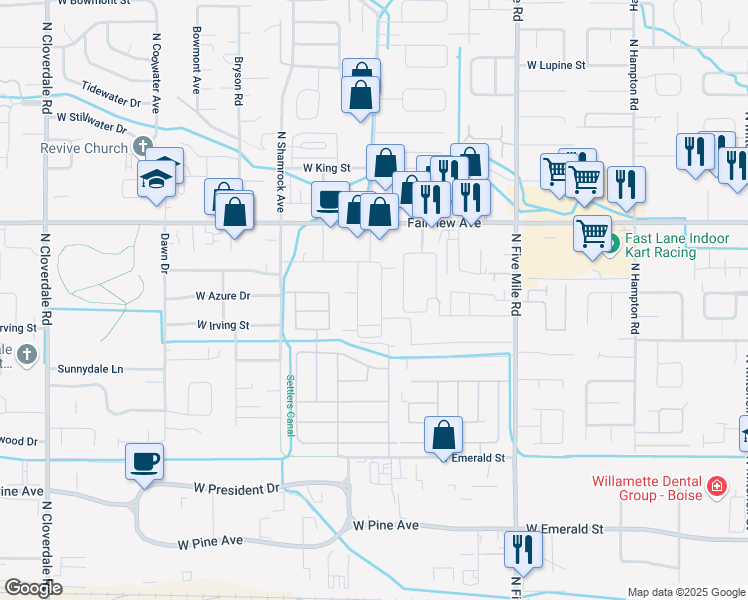 map of restaurants, bars, coffee shops, grocery stores, and more near 1321 North Lilly Avenue in Boise