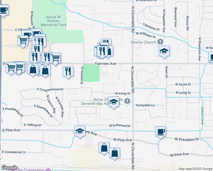 map of restaurants, bars, coffee shops, grocery stores, and more near 12505 West Azure Street in Boise
