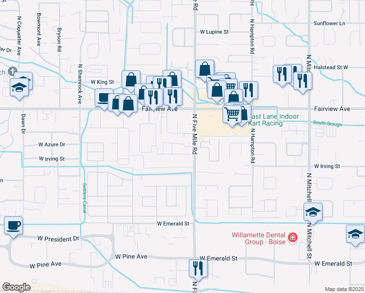 map of restaurants, bars, coffee shops, grocery stores, and more near 10745 West Jewell Street in Boise