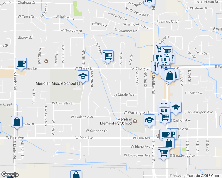 map of restaurants, bars, coffee shops, grocery stores, and more near 1360 North Crestmont Drive in Meridian