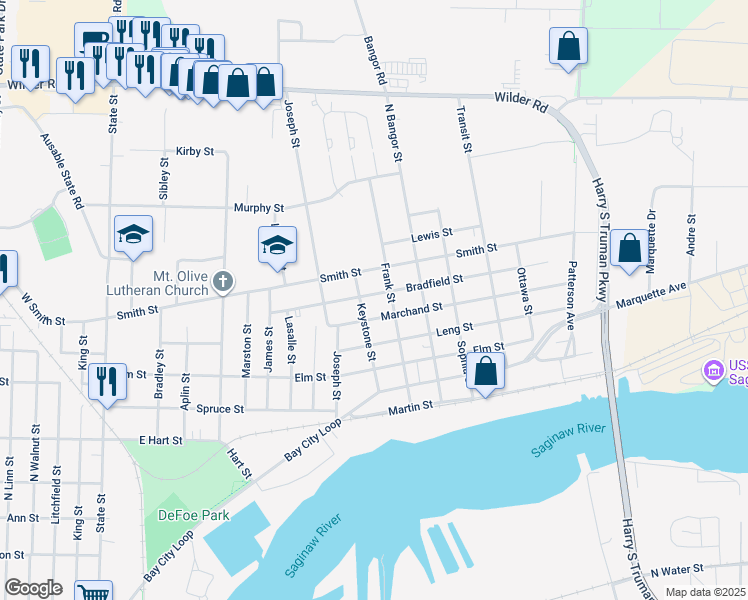 map of restaurants, bars, coffee shops, grocery stores, and more near 904 Bradfield Street in Bay City