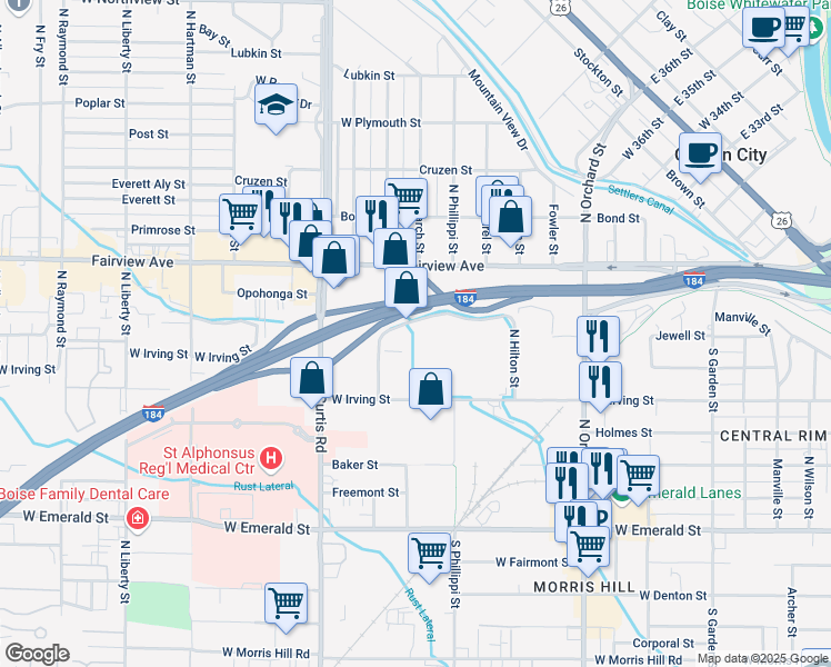 map of restaurants, bars, coffee shops, grocery stores, and more near 5505 West Kendall Street in Boise