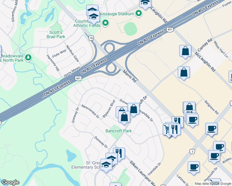 map of restaurants, bars, coffee shops, grocery stores, and more near 772 Escobar Crescent in Mississauga