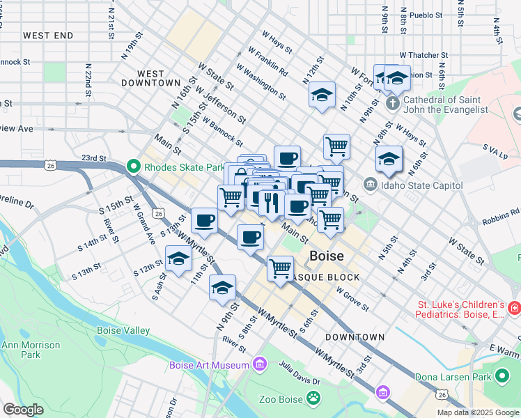 map of restaurants, bars, coffee shops, grocery stores, and more near in Boise
