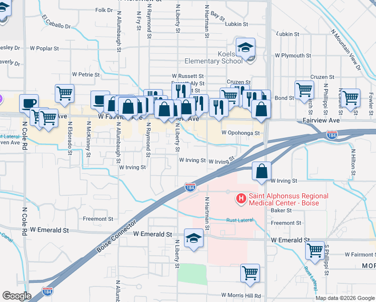 map of restaurants, bars, coffee shops, grocery stores, and more near 1318 North Liberty Street in Boise