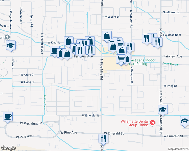 map of restaurants, bars, coffee shops, grocery stores, and more near 10745 West Jewell Street in Boise
